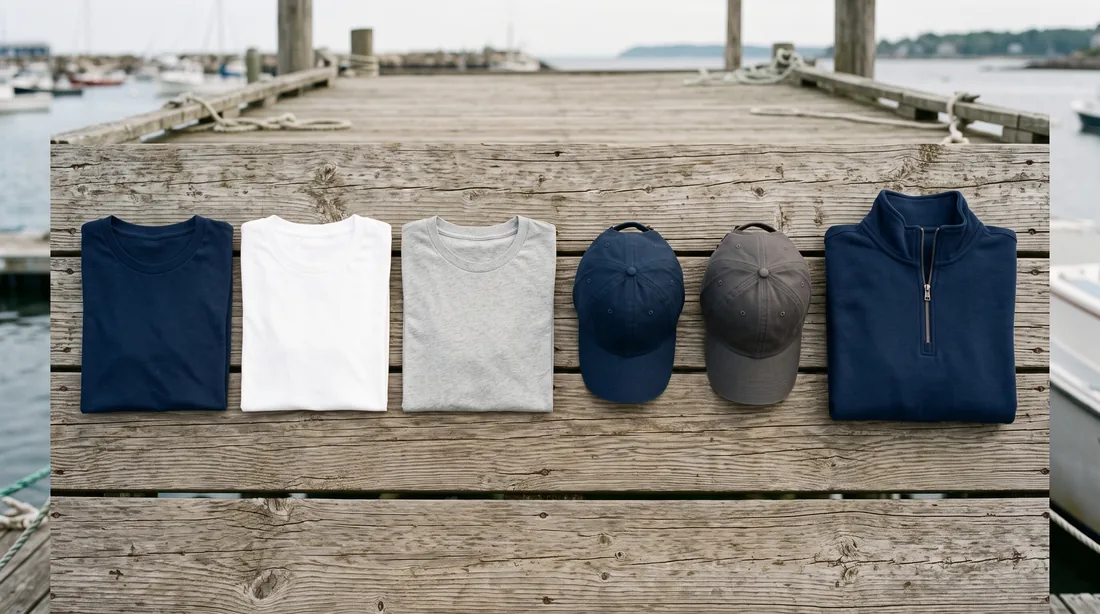 A matching crew set laid out on dock boards: three folded tees, two caps and a quarter zip.