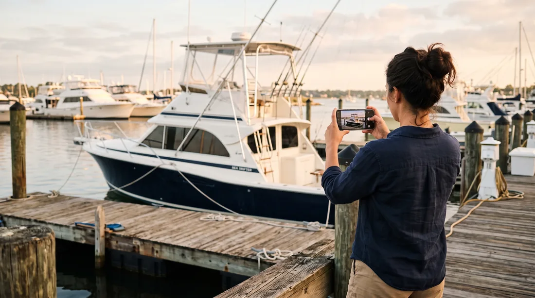 Photographing a sportfishing boat side on from the dock, the whole hull framed on the phone screen.