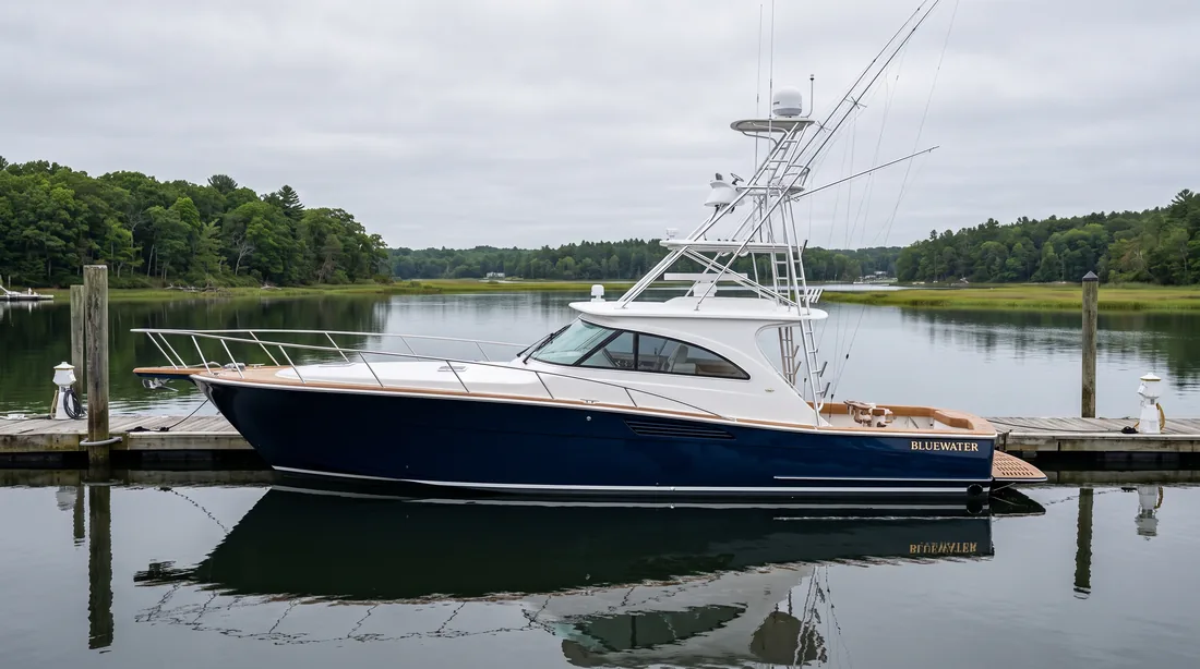 A navy sportfisher photographed square on at a dock in flat even light, the whole hull in frame.