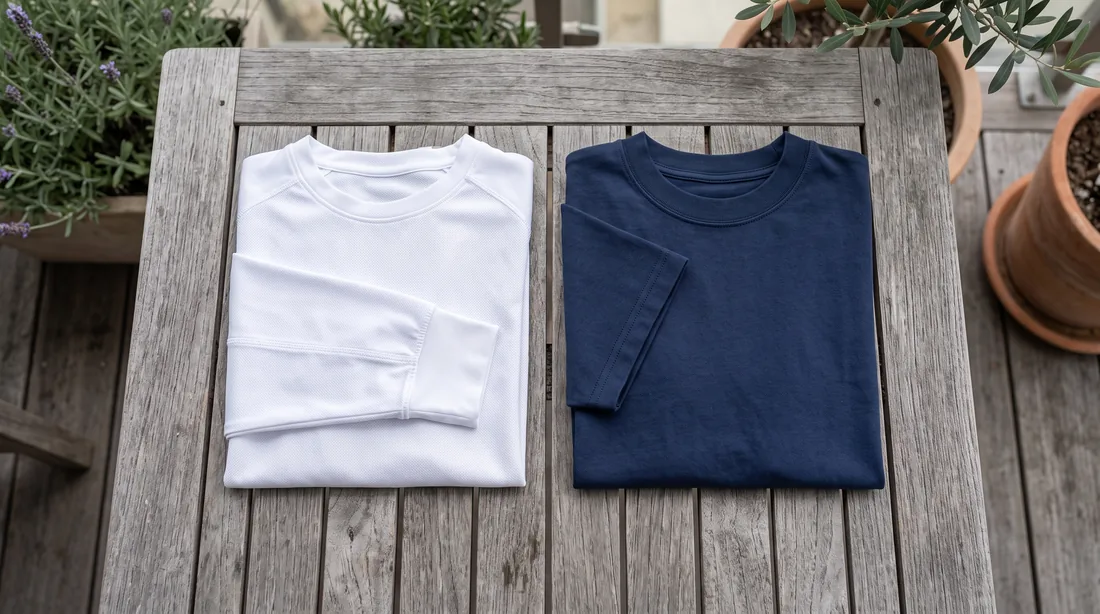 A folded white long sleeve performance sun shirt beside a folded navy cotton tee on teak decking.