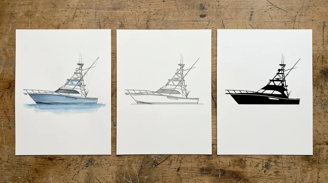 The same boat drawn three ways on plain white paper: a watercolour and pencil portrait in hull colour, a black and grey line drawing, and a solid knock-out mark.